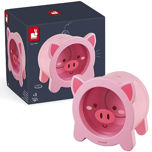 Janod - Schweinchen-Spardose aus Holz für Kinder - Transparente Seite und magnetische Klappe - Kinderzimmer-Deko - Ab 3 Jahren, J04653