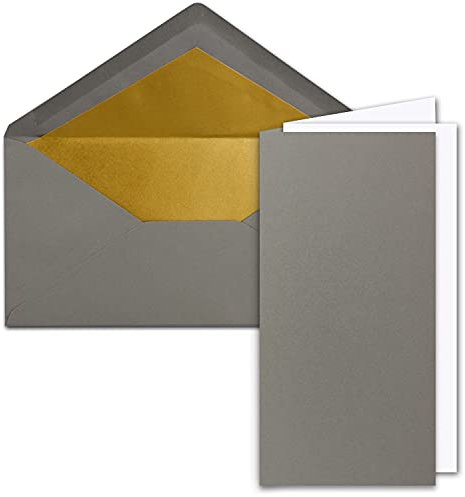 100x Faltkarten-Set DIN Lang inkl. Briefumschlägen mit goldenem Seidenfutter und weißen Einlegeblättern in Graphit (Grau) - 10,5 x 21 cm - für Einladungen und Grußkarten
