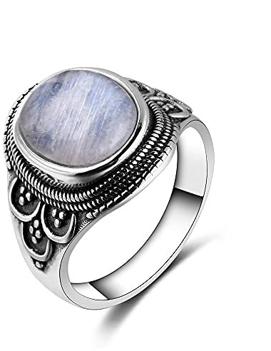 DJMJHG 925 Silber Ring Groß Oval Natur Mondstein Edelstein Ringe Für Männer Frauen 925 Silber Schmuck Party Hochzeit Geburtstagsgeschenk 10
