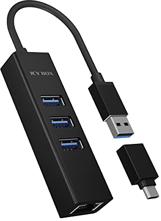 ICY BOX IB-HUB1419-LAN Aluminium USB HUB mit 3 USB 3.0 Ports und RJ45 Gigabit Ethernet Netzwerkadapter, Integriertes Type-A Kabel mit USB C Adapter für Windows und Mac OS X