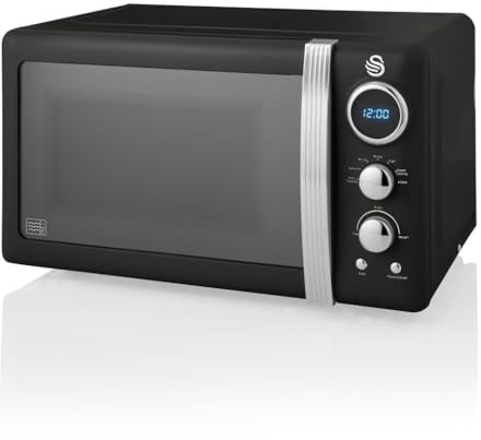 Swan SM22030LBN Retro LED Digital Microwave with Glass Turntable, 5 Power levels & Defrost Setting, 20L, 800W, Black
