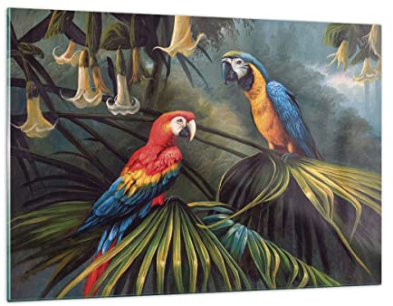 Wandbilder Dekoration Wohnzimmer Ara Papageien Palmen Bilder auf Glas 120x80cm Glasbild Schlafzimmer Küche Deko Wand Kunstdruck Art Groß XXL Wanddeko Bild im Glas Modern Wall Decor GAA120x80-4780