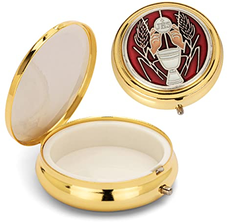 NKlaus Rosenkranz Étui métallique motif calice boîte hostie or rouge intérieur 4cm 2533
