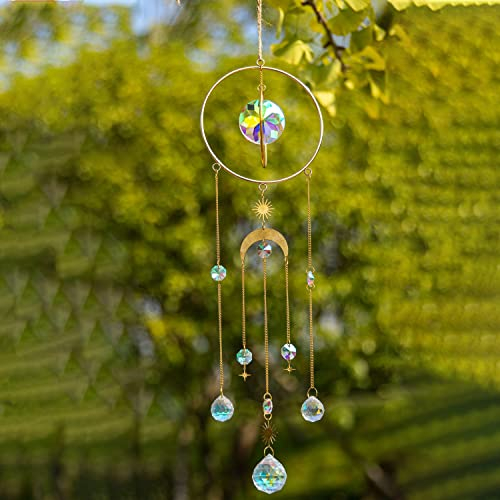 Sonnenfänger Kristall Windspiel,Kristallanhänger Gold Mond Stern Regenbogen Reifen Aesthetic Kristalle Anhänger, Fensterdeko ​Ornament kristalkugel Hängend für Zimmer Decken Garten Dekoration