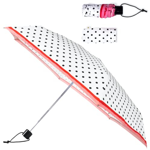 kate spade new york Mini Regenschirm, kompakter Regenschirm mit Aufbewahrungstasche, kleiner Regenschirm für Rucksack oder Auto (Cabana Dot)