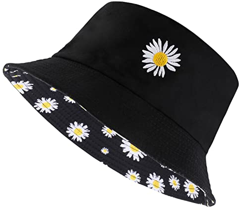 Sibba Summer Bucket Hat Packable Sailor Fisherman Caps for Fishing Golf Camping Travel Large Head Wide Brim Sun Protection Headwear Valentines Day for Men Women Teens Girls (Flower) Black