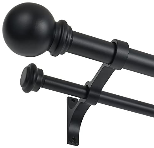 Doppel-Gardinenstange, 71 auf 122 cm, verstellbare 2,5 cm, doppelt für Fenster und Türen, mit kugelrunden Endstücken und hochwertigen Aluminiumhalterungen, Set (71–122 cm, mattschwarz)