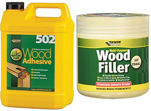 Everbuild 502 All Purpose Waterproof PVA Based Wood Adhesive - 5 Litre & EVBMPWFLS250 Multi-Purpose Wood Filler, Light Stainable, 250 ml