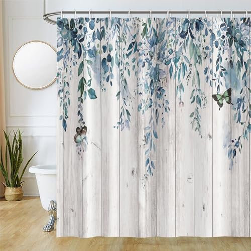 Uiiooazy Duschvorhang 180x240cm, Duschvorhang Anti Schimmel Eukalyptus Blau Blätter Holzbrett Blumen Vintage Duschvorhänge Wasserdicht Polyester Stoff Waschbar Bad Vorhang mit 12 Haken für Badezimmer