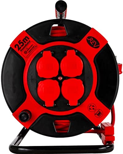 REV Kabeltrommel EX, 25m, H07RN, IP44, 3000W, Verlängerungskabel, Aussenbereich, 4 Schutzkontaktsteckdosen, rot