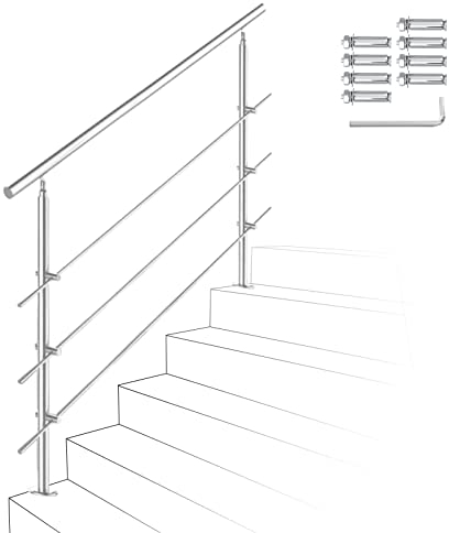 Ikodm Balustrade en acier inoxydable 150 cm avec 3 barres transversales et accessoires pour cage d'escalier, balcon, entrée de maison
