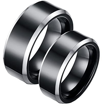 Dsnyu Partnerringe, Hochglanzpoliert Ringe Gothic 8MM, Wolframcarbid Schwarz Ringe für Paare Verlobung Geschenk Damen GR. 65 (20.7) + Herren GR. 54 (17.2)
