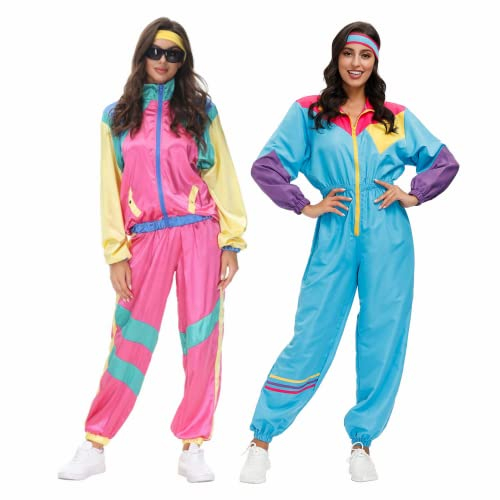 COREWO Damen-Trainingsanzug im 80er-Jahre-Stil, Retro-Stil, Hip-Hop, Windbreaker, Disco-Trainingsanzug-Set, Colorblock, einteiliges Outfit-Set, Pink, Medium