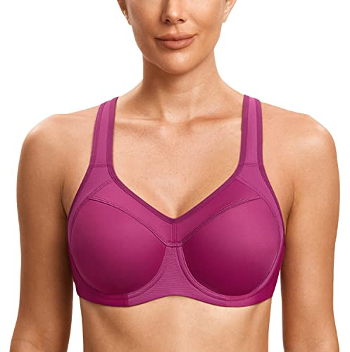 SYROKAN Reggiseno Sportivo Donna Massimo Sostegno Alto Impatto con Ferretto Imbottito Racerback Fitness Top Magenta Viola 2E