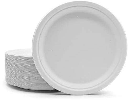 Zuvo 7-Inch Compostable Paper Plates – 50 Pack, Eco-Friendly, Biodegradable and Disposable for Party, BBQ & Picnic – Strong & Sturdy Bagasse Tableware, White