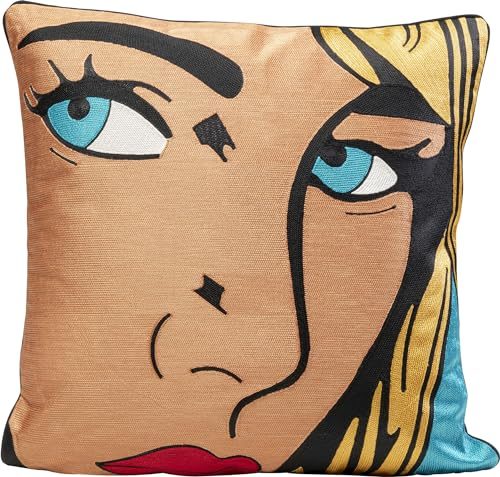 Kare Design Kissen Comic Face, Beige/Blau, Dekokissen mit Füllung, Zierkissen, Quadratisches Couch Kissen mit Reißverschluss, Abnehmbarer Bezug in 100% Baumwolle, Comic-Stil, 50x50 cm (L/B)