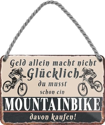 Blechschild ''Geld allein macht nicht glücklich Mountainbike (mit fahrer)'' 18x12cm Lustige Sprüche Feier Vintage Retro Geburtstag Deko Party Überraschung Fan Fahrrad Rad Bike Tour Radeln Downhill