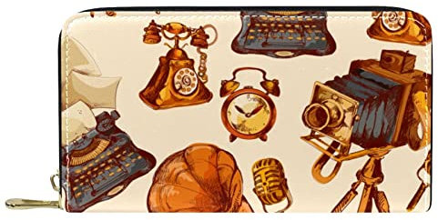 Klassische lange Ledergeldbörse Retro Geräte CD Telefon Uhr Kamera Kupplung Reise Münzbörse Kartenpaket Mode Geldtasche für Frauen Männer, mehrfarbig, 19x11.5x2.5cm/7.5x4.5x1in, Klassisch