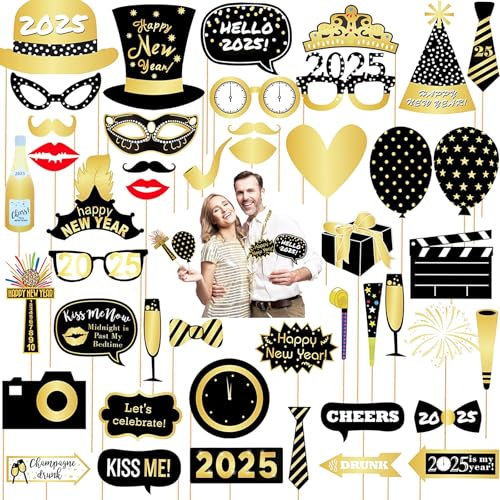 LMSHOWOWO Silvester Deko 2025, 46PCS 2025 Neujahr Foto Requisiten, Silvester Photo Booth Props, Fotorequisiten Fotoaccessoires, Verkleidung Party Zubehör für Erwachsene Silvester Party Dekoration