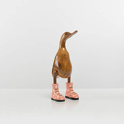 Rikmani - Holzfigur Ente Stiefel ROSA GEBLÜMT 100% Natur Original - Handgefertigte Figur aus Holz 26 cm