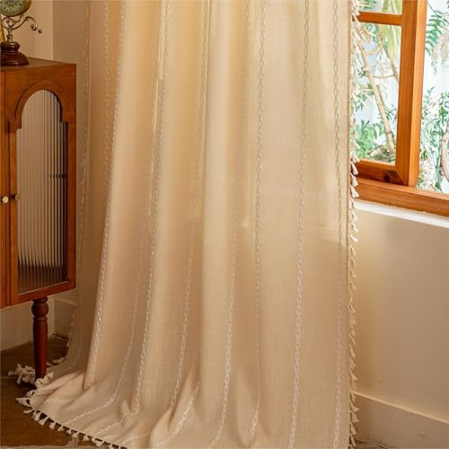Sutuo Home Champagnerfarbene Boho-Vorhänge für Schlafzimmer, Wohnzimmer, lichtfilternd, Leinen, Bauernhaus, Vintage, Shabby-Chic, mit Quasten, Fensterbehandlung, Bohemian-Stickerei, Vorhang