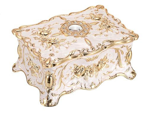 IGNPION Vintage Jewellery Box Jewelry Display Case for Ring Necklaces Earrings Trinket Storage Organizer Case Antique Silver Mini Keepsake Box (Beige, M)