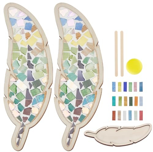 WEBEEDY 2 Sets DIY-Mosaik-Bastelset, Feder-Glasmosaik-Set Gemischte Farben Mosaikfliesen Glasmosaikstücke DIY-Feder-Mosaik-Sets Malen Kunst Und Handwerk Heim-Tischdekoration