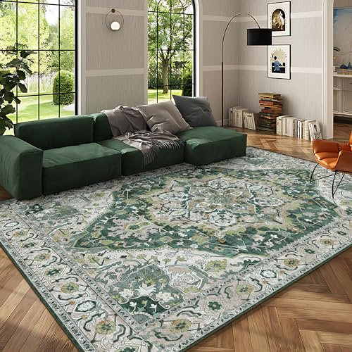 Deerly Grüner großer, waschbarer Wohnzimmerteppich, 22,9 x 30,5 cm, Boho-Vintage-Teppich für den Innenbereich, Schlafzimmer, Teppich mit rutschfester Gummi-Unterseite, für unter dem Esstisch, Büro