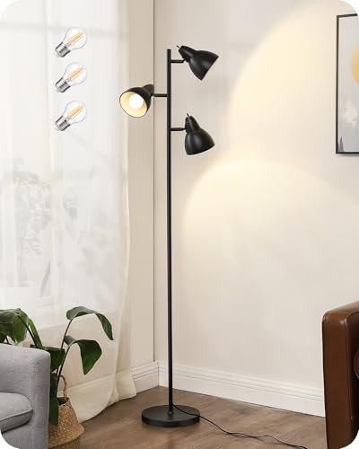 EDISHINE Stehlampe Wohnzimmer 163cm, 3-flammige Standleuchte Schwarz, mit E27 LED-Glühbirne, Schwenkbare Stehleuchte Vintage, Leselampe mit Individuellen Schalter für Modern Deko Schlafzimmer, Büro