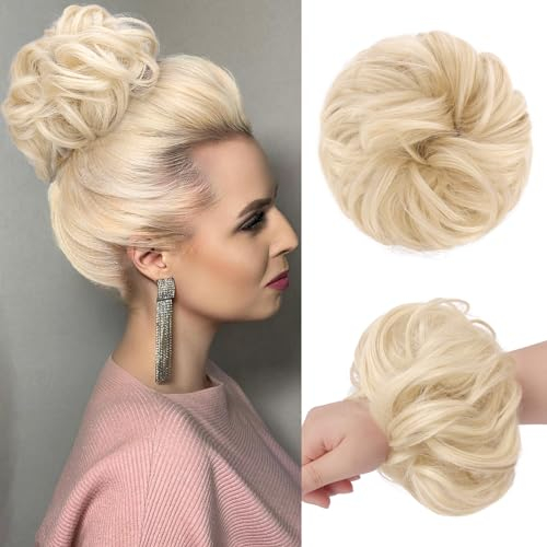 FESHFEN Haarteil Mit Gummiband, Groß Dutt Haarteil Haargummi Mit Haaren Gelockt Haardutt Synthetisch Haarverlängerung Pferdeschwanz Haarteile für Damen Mädchen, Platinblond 55g