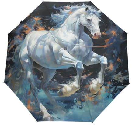 LINNIKEEEE Ölgemälde Blaues Pferd Regenschirm Auf-Zu Automatik Taschenschirm Winddichter Klein Leicht Kompakt Schirme für Reise Strand Frauen