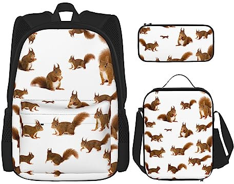 GaxfjRu Niedliches Eichhörnchen-Rucksack-Set für Nähte, Lunchbox mit Lunchbox und Federmäppchen, perfekt für Schule, Rucksack, Herren, 3-teilig