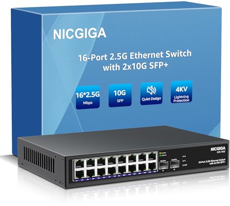 16 Port 2.5G ➕ 2 Port 10G SFP+ Ethernet Switch, NICGIGA 18 Port 2.5Gb Network Switch Unmanaged, Plug & Play, Desktop or 19-inch Rack Mount, Fanless Metal Design.