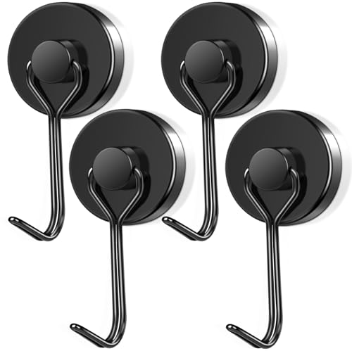swihorab Magnethaken Extra Stark, 4Stück 32mm Neodym Magnet Hacken, Drehbar Magnetischer Haken rostfrei Metallhaken für Küche kühlschränke Schließfächer, Schwarz Neodym Magnete Haken Magnetisch