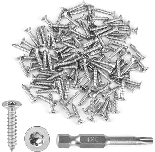 100 Stück Selbstschneidende Edelstahl Torx-Schrauben, M4*20mm Senkkopf Torx Schrauben, Pflaumenkopf Edelstahl 304 Holzschrauben mit T20 Schraubendreher, Edelstahl Schrauben für Möbel