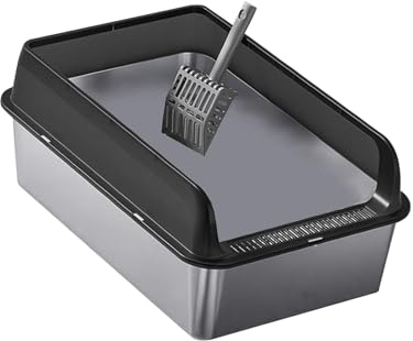 Dualoai Edelstahl Katzentoilette ohne Deckel, Katzenklo Hoher Rand Offen, Antibakterielle Katzenklo Metall mit Spritzschutz, Open Top Pet Litter Box mit Schaufel und Anti-Rutsch-Matte, 50 * 35 * 15cm