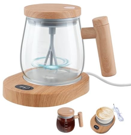 Foyucool Self Stirring Mug with Warmer Base Set, Battery Powered, High Speed Mixing Cup with Handle, 400ml Glass Travel Coffee Mug, Suitable for Coffee, Milk
