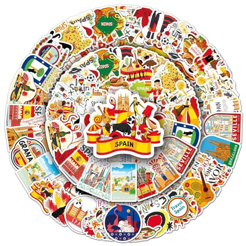 50 Stück Spanien Aufkleber Auto Laptop Telefon Gitarre Skateboard Motorrad Fahrrad Spain Stickers Set Vinyl Wasserdicht Aesthetic Aufkleber für Jugendliche Kinder Erwachsene