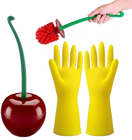 Juego de Escobilla de Baño de Cerezo con Soporte para Inodoro y Guantes de Limpieza