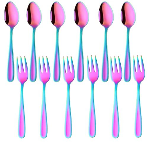 TEAHAHA 5.4 inch Stainless Steel Teaspoons Espresso Spoons and Dessert Forks Set, Set of 12，6 Forks and 6 Spoons, for Salad, Appetizer, Cake,Fruit (Rainbow Color)