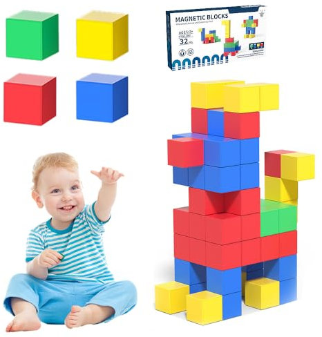 Lotvic Magnetic Blocks, 32 Pcs Montessori Magnetic Building Blocks, Preschool Educational Construction Toy, 3D Color Sensory Magnetic Cubes for Kids Toddlers Boys Girls