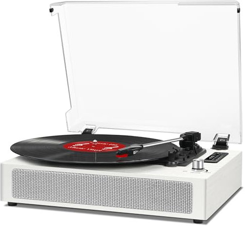 VinylsLink Tourne-disque Bluetooth avec haut-parleur intégré Style vintage avec enregistrement USB, mode égaliseur, support 3 vitesses, entrée auxiliaire, sortie RCA, bois blanc