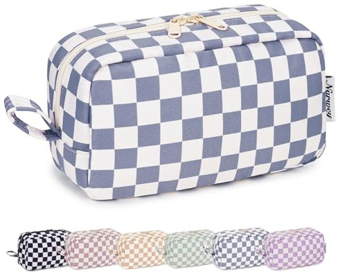 Narwey Kulturtasche Damen Kosmetiktasche Make up Tasche Damen Kulturbeutel Schminktasche Kleine, Makeup Tasche Makeup Bag (Graublaues Schachbrett-1,Groß)
