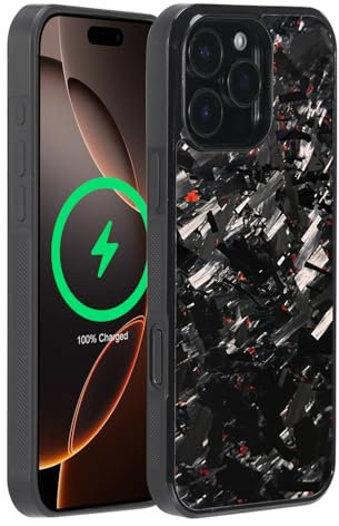 Molzar Grip Series for iPhone 16 Pro Max Case with Real Forged Carbon Fiber, Grippy Edges Design, Built-in Magnets, Compatible with MagSafe Chargers and Accessories, Glossy Black/Red