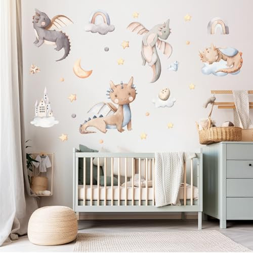 Wally Fox - Wandsticker Kinderzimmer - Wandtattoo Babyzimmer - Ungiftig, sicher, leistungsstark - Set - Drachen, Regenbogen, Sterne - Blau, Braun, Grau, Orange - 52,5x127cm