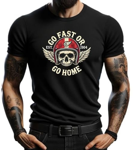 4people Camiseta Negra Hombre Go Fast or Go Home - Estilo Motociclismo Vintage con Calavera y Casco - Marca (FR/ES, Letras, XL, Regular, Regular, Negro)