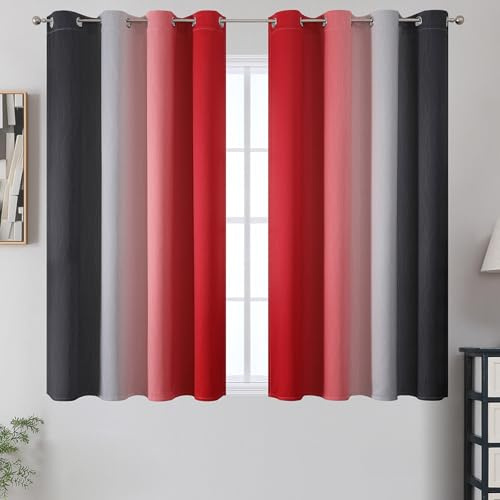 VEHEDE Ombre Blackout Kitchen Curtains 54 Inch Drop with Eyelet, Gradient Thermal Insulated Drapes for Living Room, Soundproof Curtains for Bedroom, W52 x L54 Inch, Red and Black, 2 Pieces