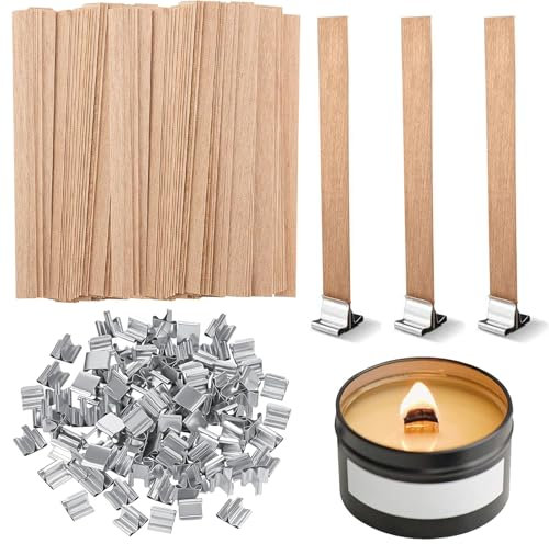 NINGYER 100 Stück Holzdochte für Kerzen mit 100 Eisenständer, 13 x 130mm Natürlich Holzdocht, Kerzendocht Holz für Kerzenherstellung und DIY Handwerk
