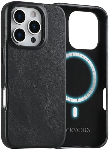 LUCKYCOIN Premium Genuine Leather Case for iPhone 16 Pro, Compatible with MagSafe, Slim Fit Shockproof Phone Case with Metal Buttons, Anti-Slip, Wireless Charging Compatible, Black
