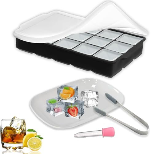SNZ Bac a Glacon en Silicone Avec couvercle Sans BPA, Carré Moule Silicone Pour Bière, Cocktails, Whisky, Jus, Chocolat, Bonbons (Livré Avec un Petit Bol, Une Pince à Glace et un Compte-gouttes)